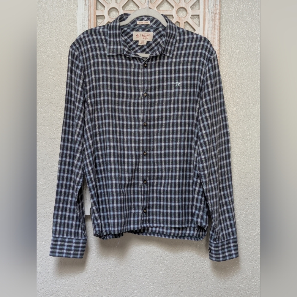 Penguin Mens L Heritage Slim Fit Button Down Shirt Blue Green Plaid Preppy Light